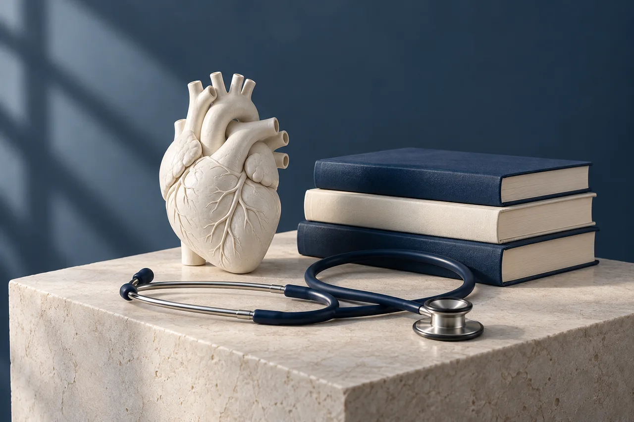 Modelo de corazón, estetoscopio y libros de medicina sobre una base de piedra