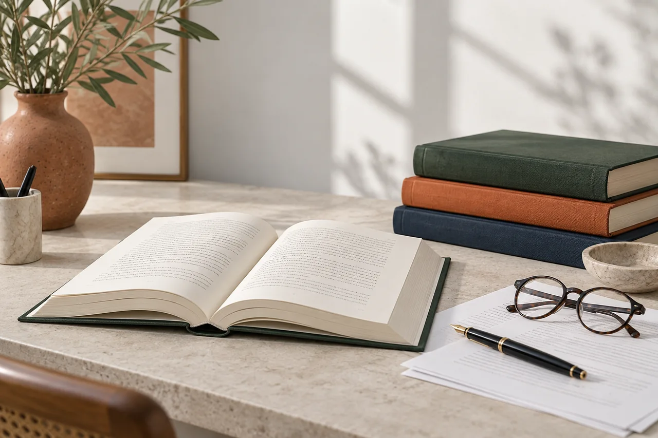 Libro abierto, gafas y pluma en una mesa de lectura editorial