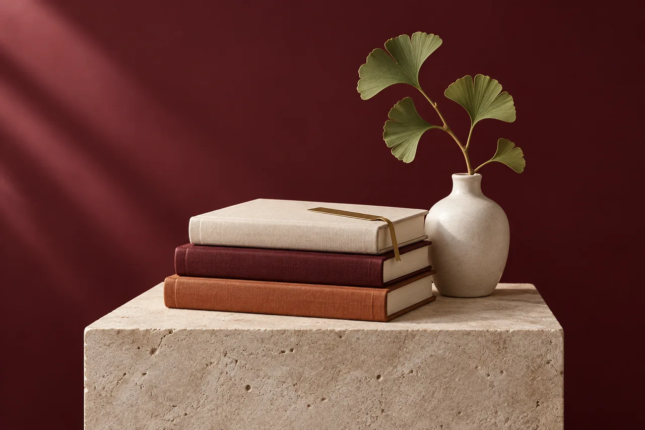 Libros de tela en tonos crema y burdeos junto a un jarrón con una rama de ginkgo