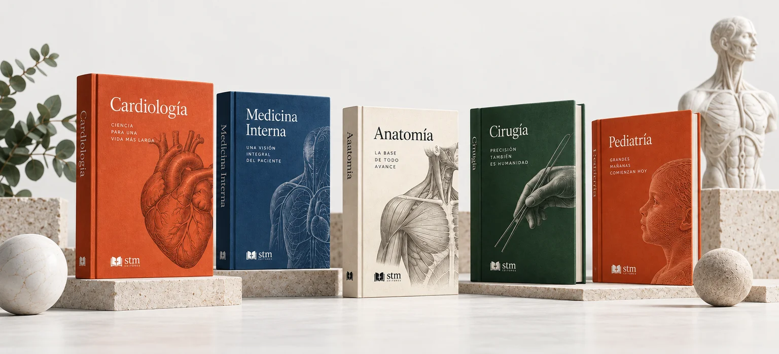 Concepto editorial: libros de medicina ilustrados sobre piedra clara
